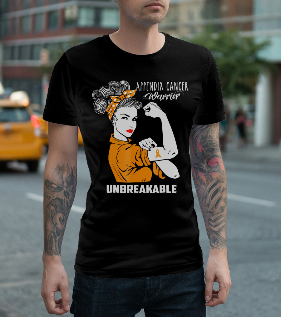 Appendix Cancer Warrior Unbreakable Awareness Ribbon Rosie the Riveter T-Shirt