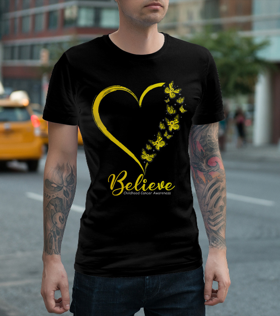 Believe Butterfly Heart Childhood Cancer Awareness T-Shirt