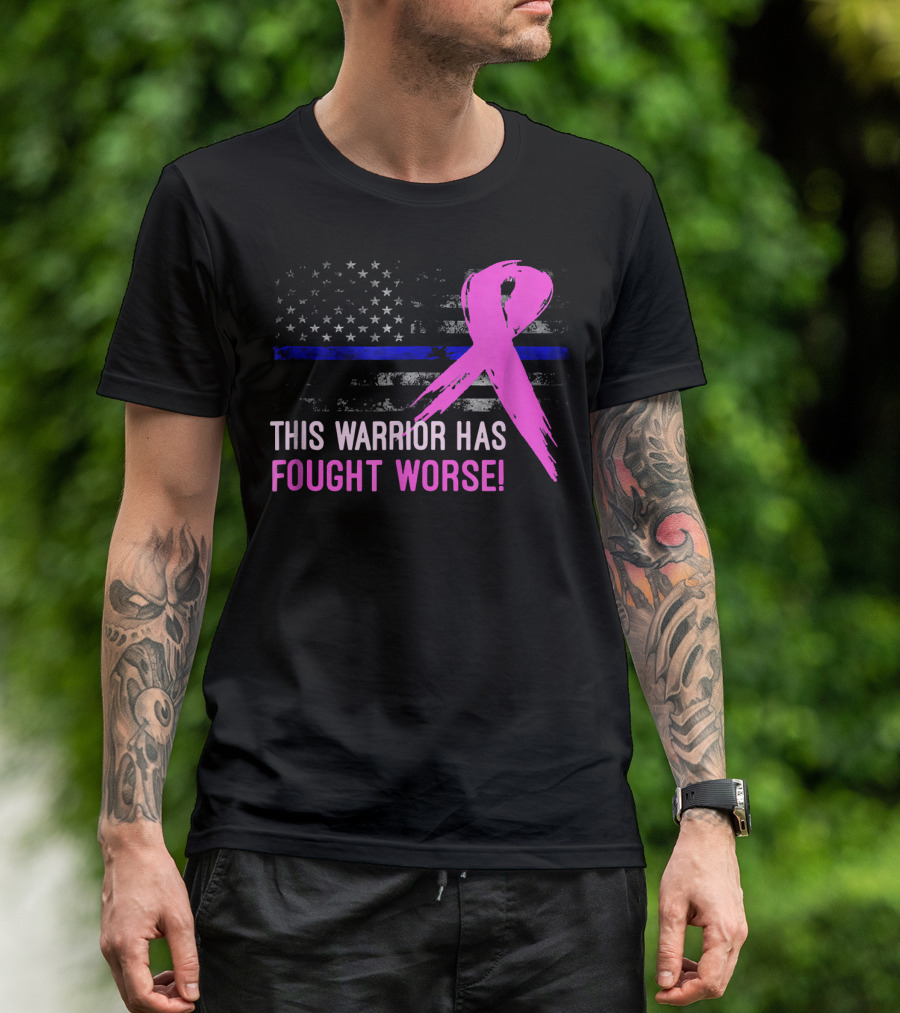 Thin Blue Line American Flag Pink Ribbon This Warrior Has Fought Worse T-Shirt