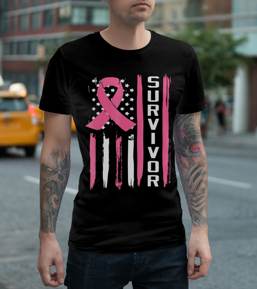 Survivor Breast Cancer Ribbon American Flag T-Shirt