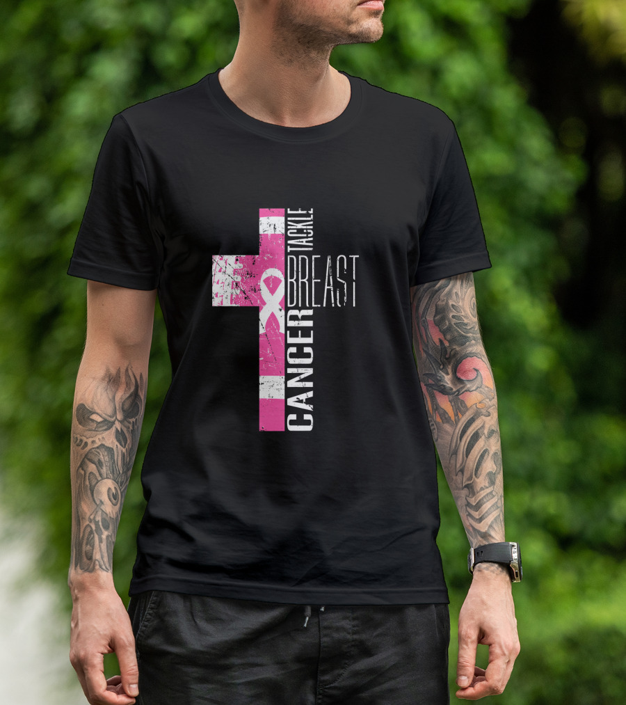 Tackle Breast Cancer Pink Ribbon Cross T-Shirt