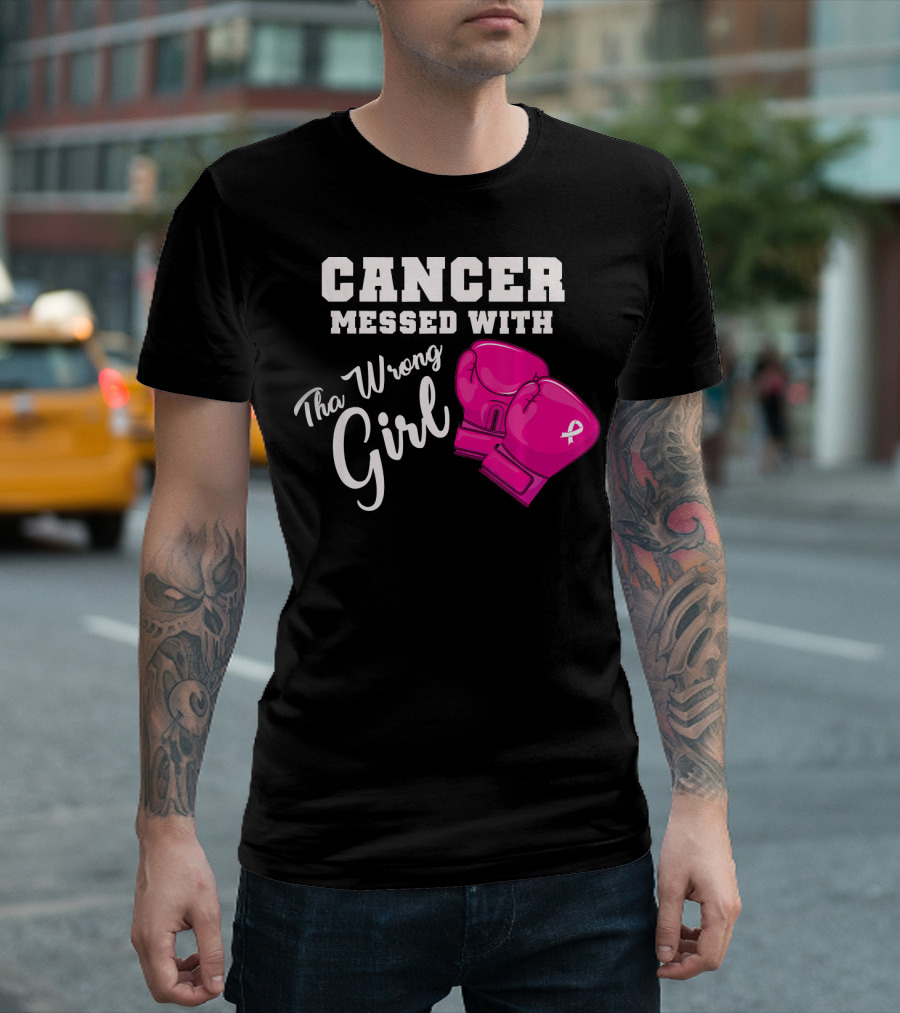 Cancer Messed with the Wrong Girl Boxing Gloves Breast Cancer Awareness T-Shirt