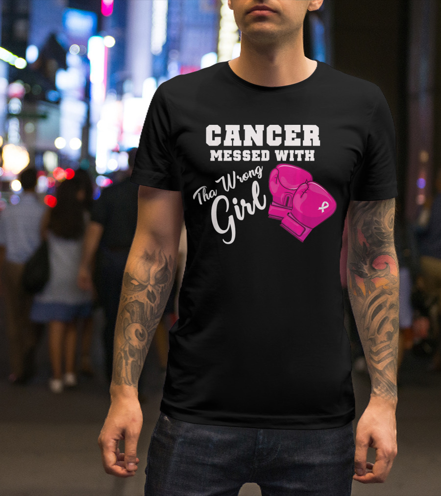 Cancer Messed With The Wrong Girl Boxing Gloves Breast Cancer Awareness T-Shirt