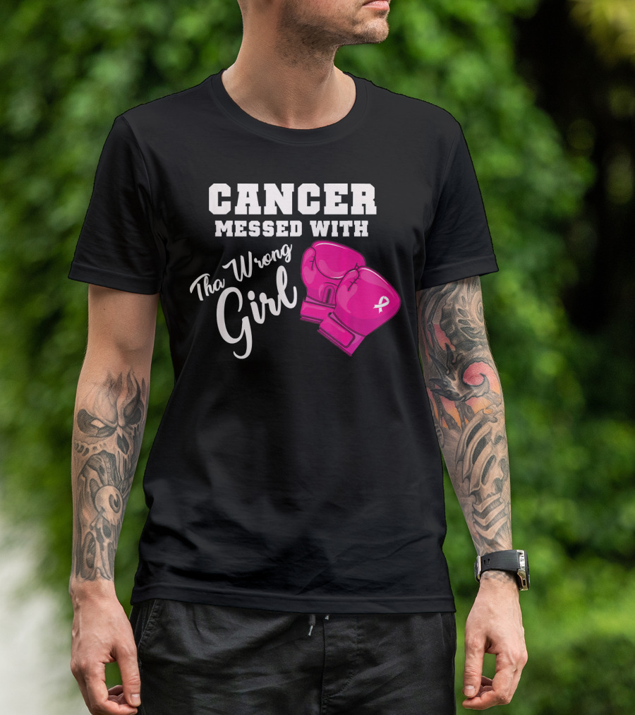 Cancer Messed With The Wrong Girl Boxing Gloves Breast Cancer Awareness T-Shirt