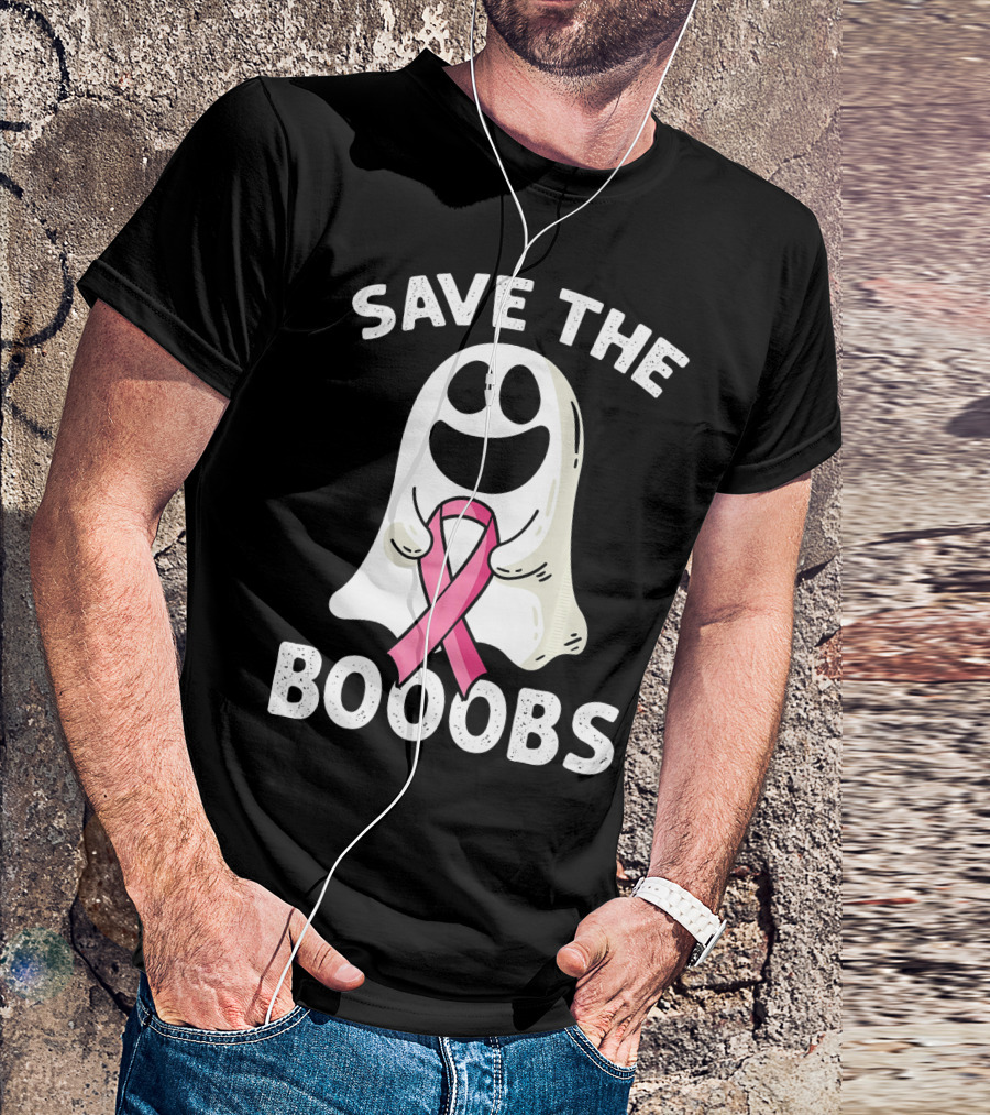 Save The Boooobs Funny Ghost Pink Ribbon Breast Cancer Awareness T-Shirt