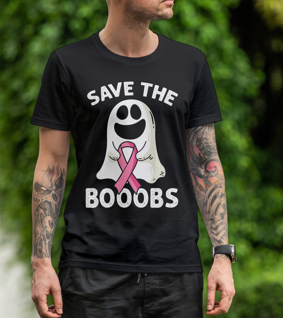 Save The Boooobs Funny Ghost Pink Ribbon Breast Cancer Awareness T-Shirt