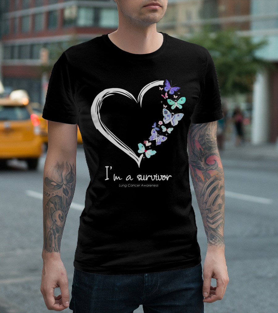 I'm a Survivor Lung Cancer Awareness Heart with Butterflies T-Shirt