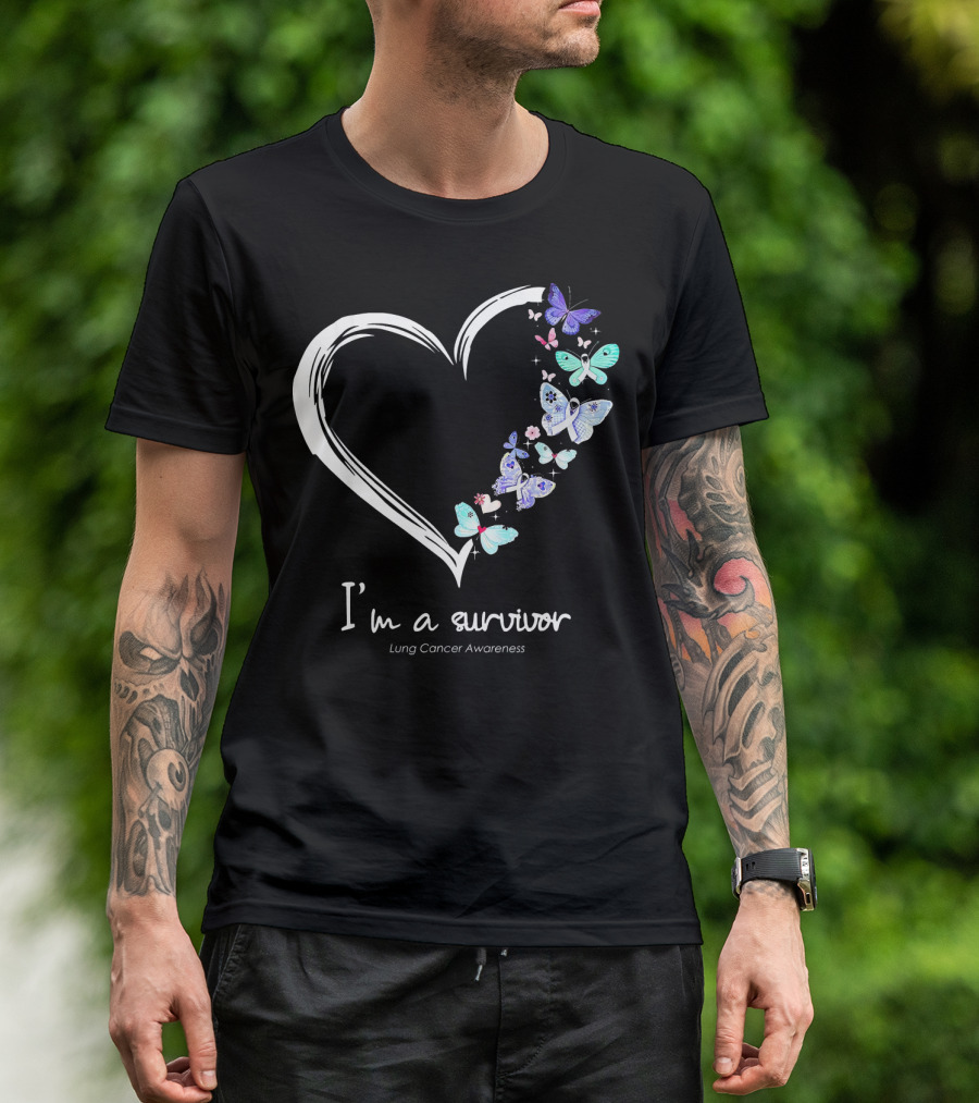 I'm A Survivor Lung Cancer Awareness Heart With Butterflies T-Shirt