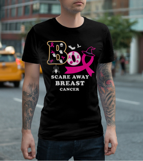 Halloween Boo With Pink Ribbon Scare Away Breast Cancer T-Shirt