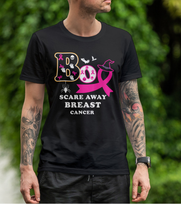 Halloween Boo With Pink Ribbon Scare Away Breast Cancer T-Shirt