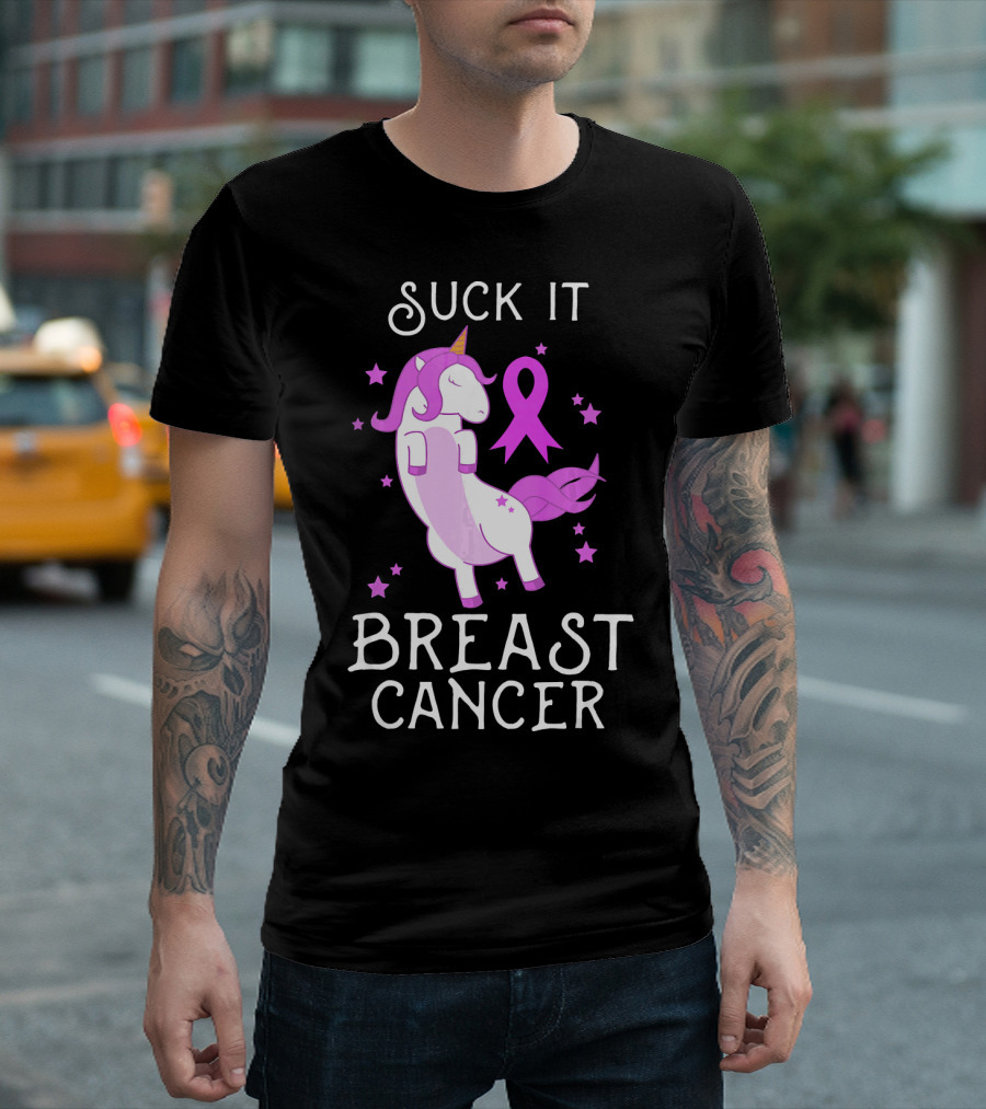 Suck It Breast Cancer Unicorn Awareness Ribbon Stars T-Shirt