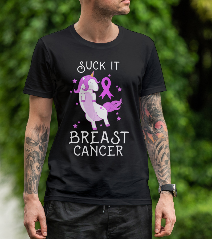 Suck It Breast Cancer Unicorn Awareness Ribbon Stars T-Shirt