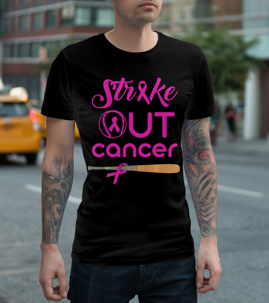 Strike Out Cancer Pink Ribbon Baseball Bat T-Shirt
