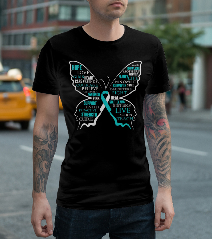 Hope Faith Courage Love Butterfly Cervical Cancer Awareness T-Shirt