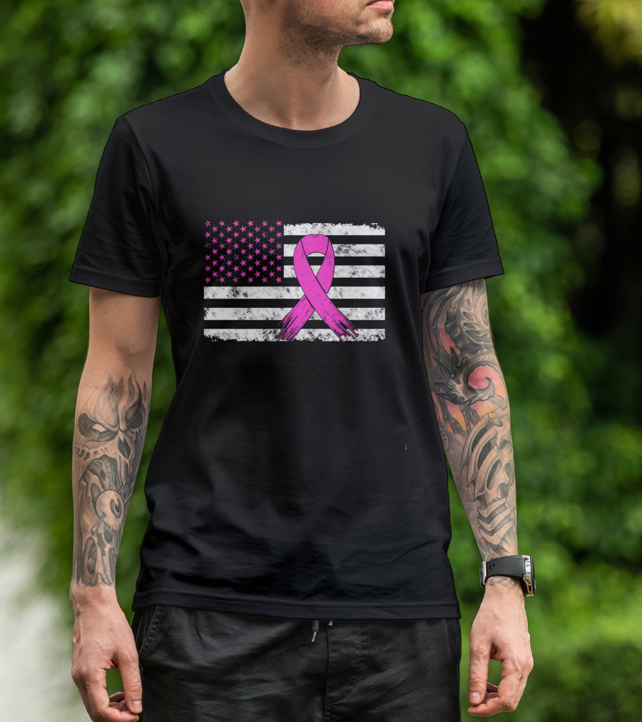 Distressed Pink Ribbon Breast Cancer Awareness American Flag T-Shirt