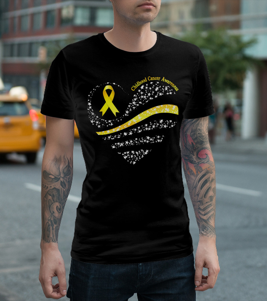 Childhood Cancer Awareness Heart Gold Ribbon American Flag T-Shirt