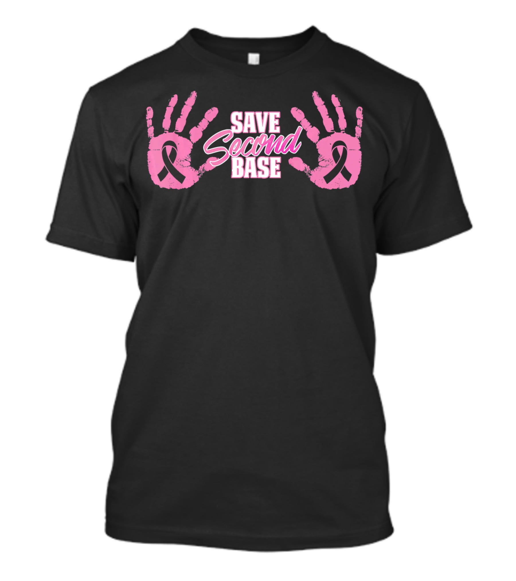 Save Second Base Pink Handprints Breast Cancer Awareness October Warrior T-Shirt