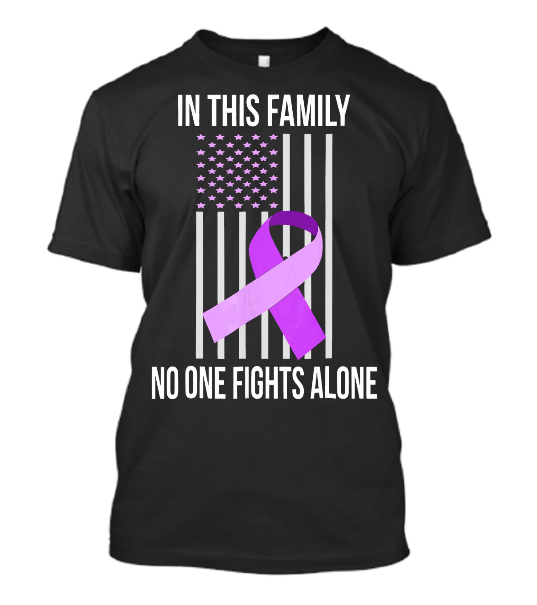 In This Family No One Fights Alone USA Flag Purple Ribbon Pancreatic Cancer T-Shirt