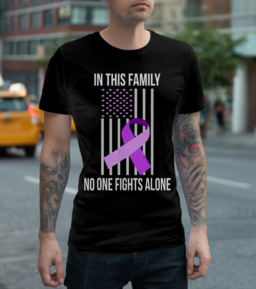 In This Family No One Fights Alone USA Flag Purple Ribbon Pancreatic Cancer T-Shirt