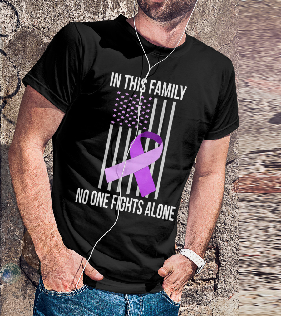In This Family No One Fights Alone USA Flag Purple Ribbon Pancreatic Cancer T-Shirt