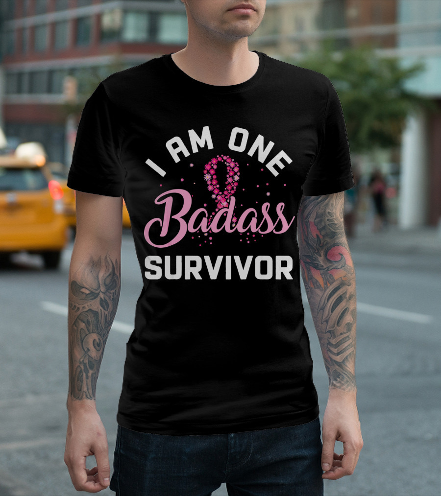 I Am One Badass Survivor Breast Cancer Ribbon Floral T-Shirt