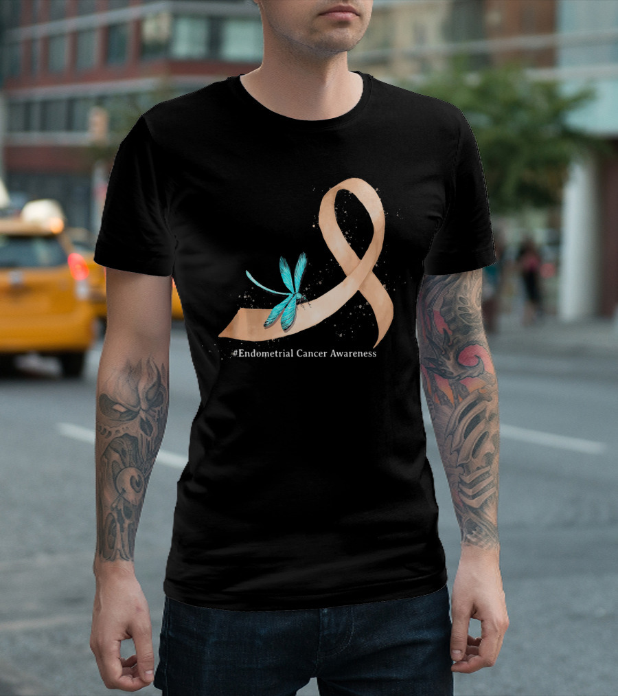 Hippie Dragonfly Peach Ribbon #Endometrial Cancer Awareness T-Shirt