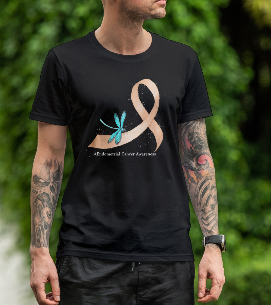 Hippie Dragonfly Peach Ribbon #Endometrial Cancer Awareness T-Shirt