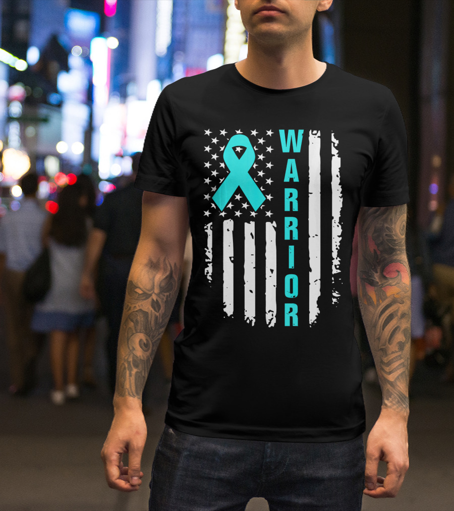 Warrior Teal Ribbon American Flag Ovarian Cancer T-Shirt