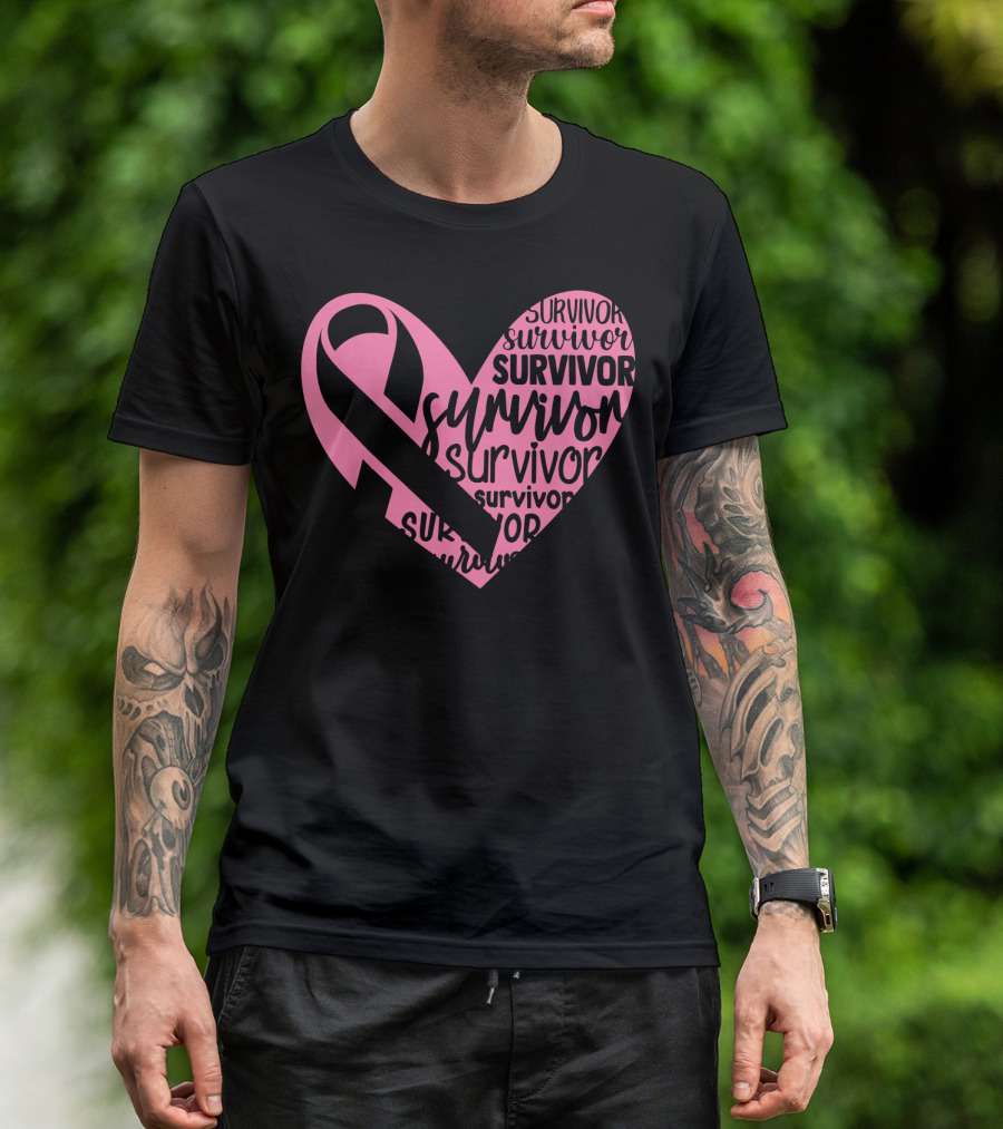 Survivor Pink Ribbon Heart Breast Cancer Pin T-Shirt