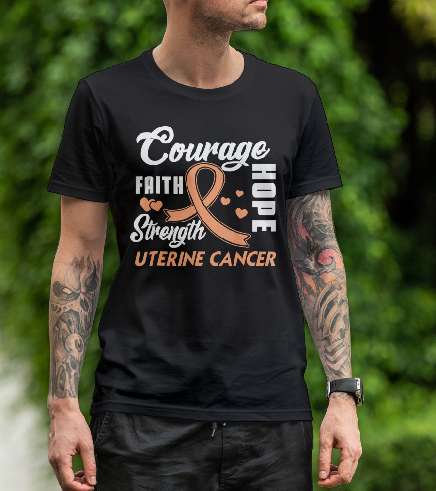 Courage Faith Strength Hope Uterine Cancer Fight Wear Peach T-Shirt