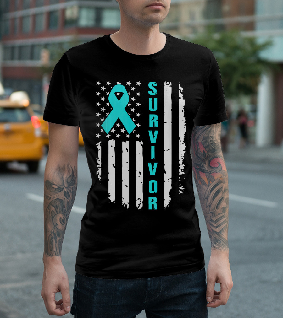 Survivor Ovarian Cancer Awareness American Flag T-Shirt