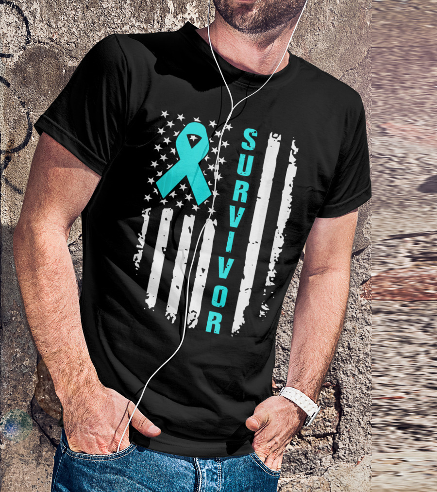 Survivor Ovarian Cancer Awareness American Flag T-Shirt