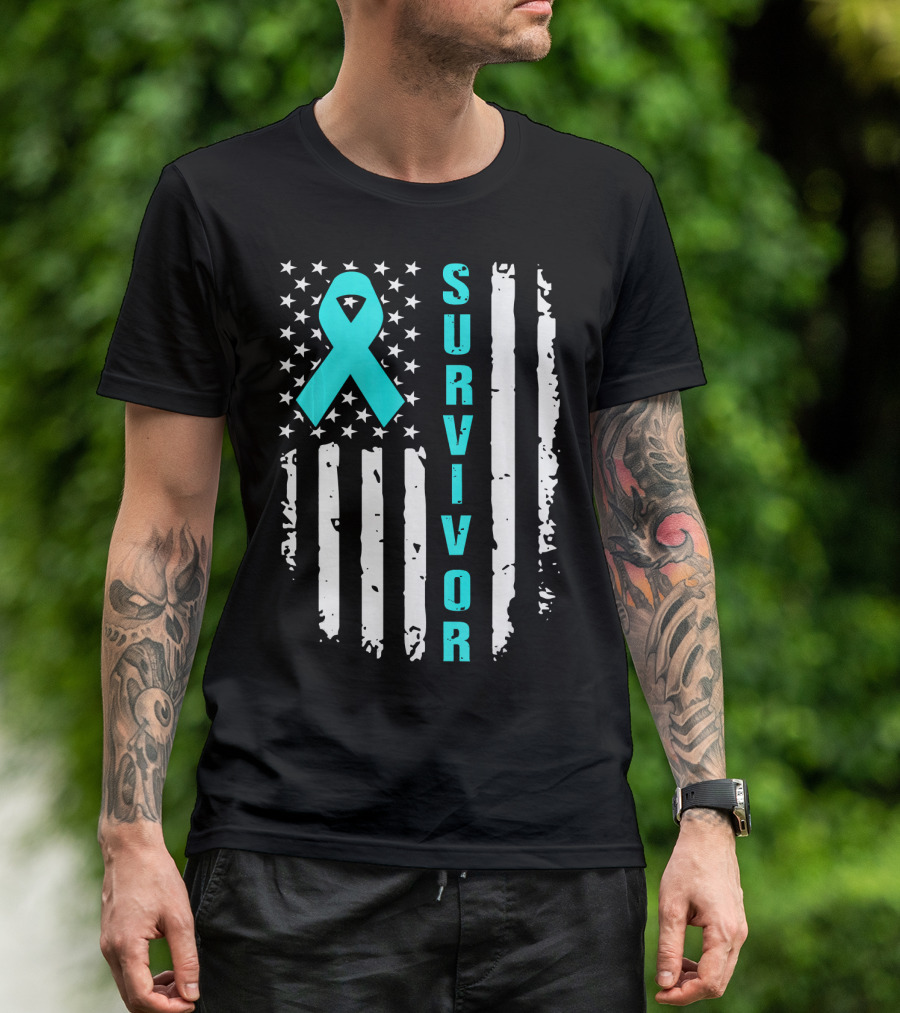 Survivor Ovarian Cancer Awareness American Flag T-Shirt