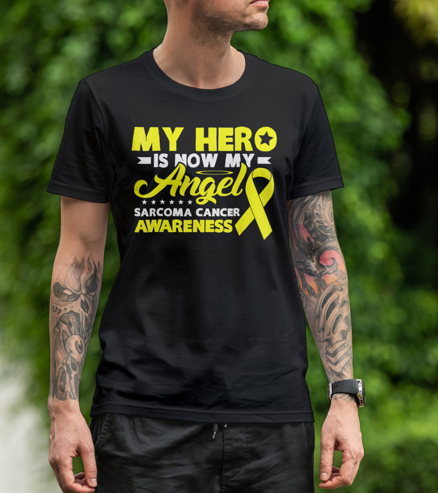 My Hero Is Now My Angel Sarcoma Cancer Awareness Yellow T-Shirt