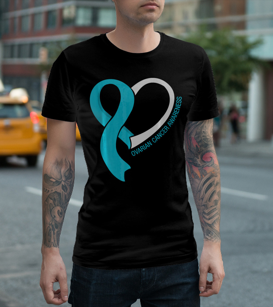Ovarian Cancer Teal Heart Ribbon Awareness T-Shirt
