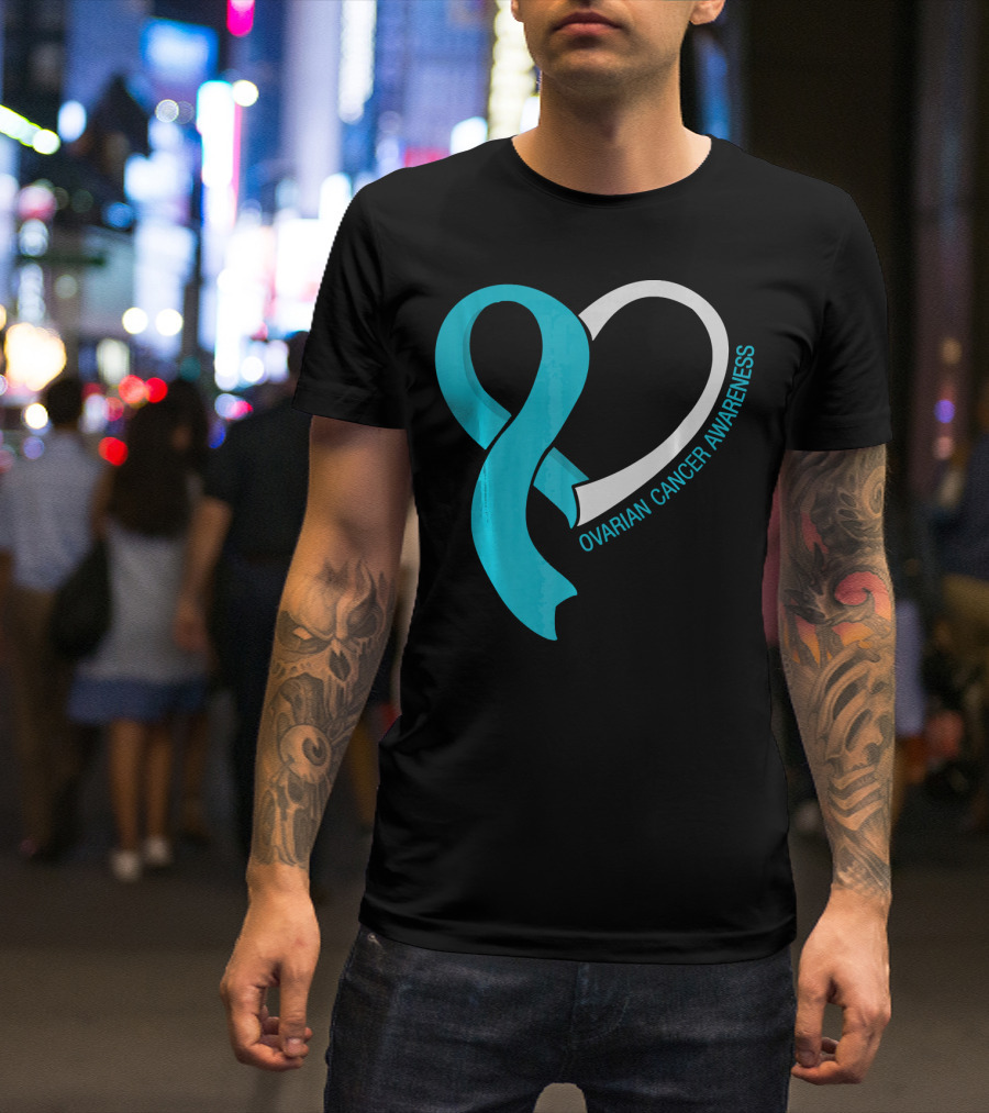 Ovarian Cancer Teal Heart Ribbon Awareness T-Shirt