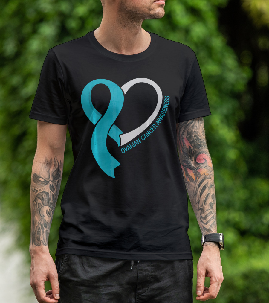 Ovarian Cancer Teal Heart Ribbon Awareness T-Shirt