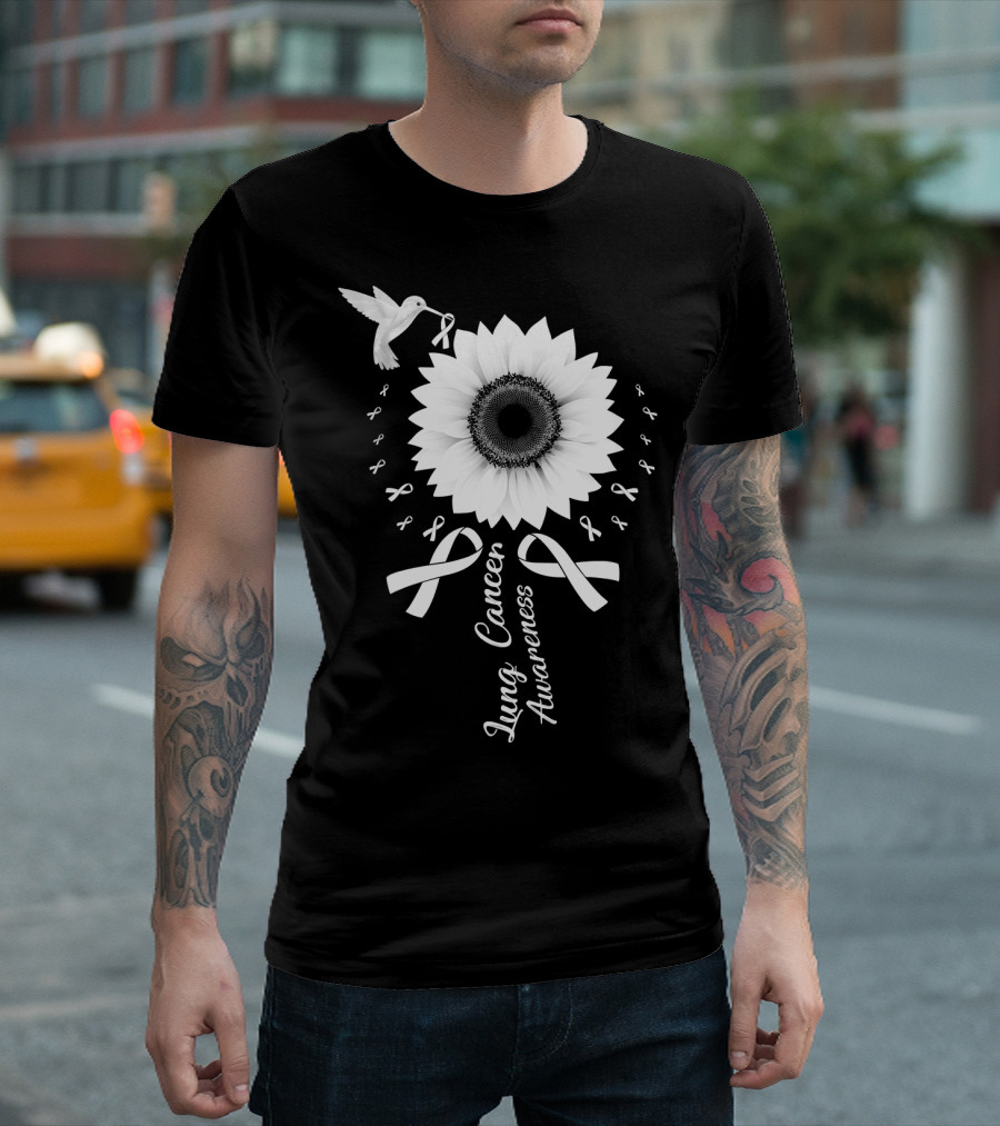 Lung Cancer Awareness Hummingbird Sunflower White T-Shirt