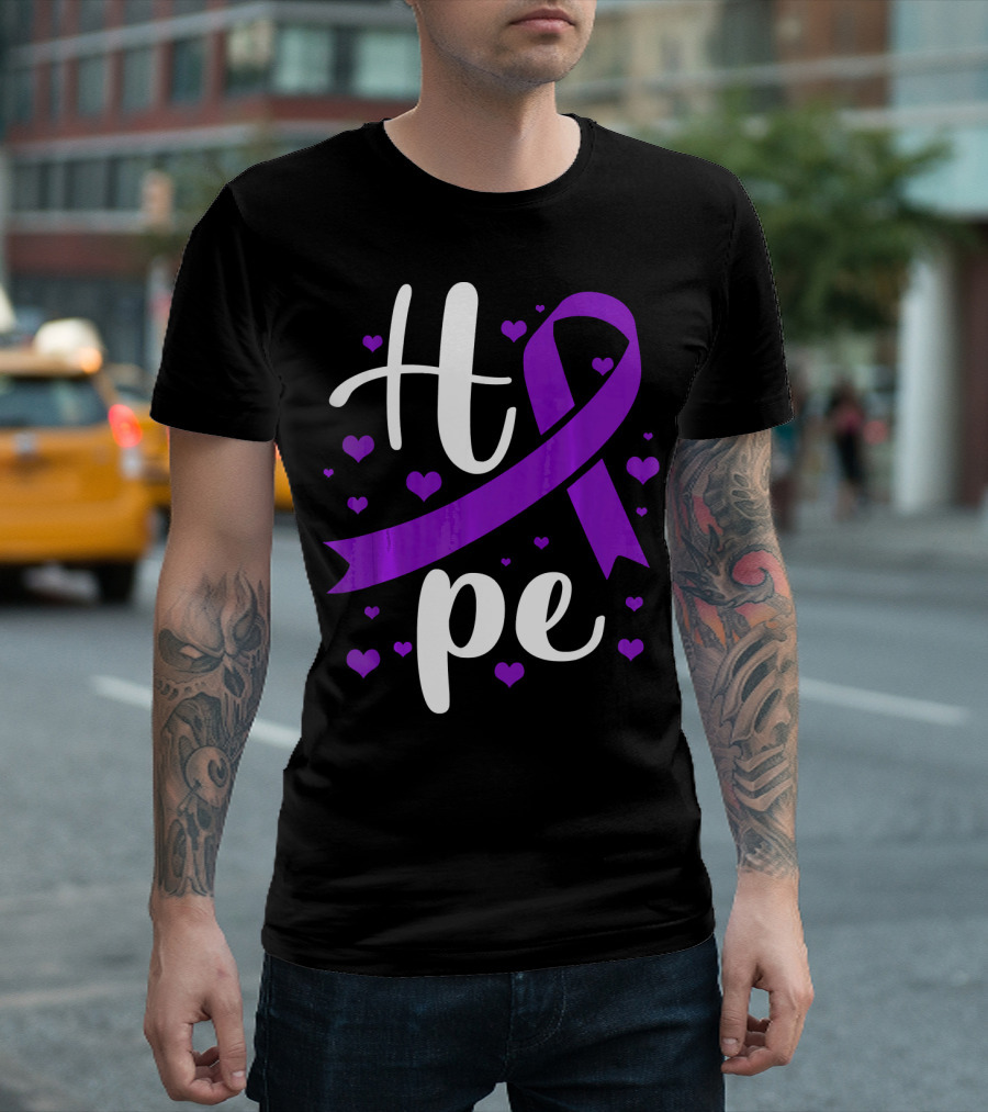 Hope Pancreatic Cancer Awareness Women Purple Ribbon Hearts T-Shirt
