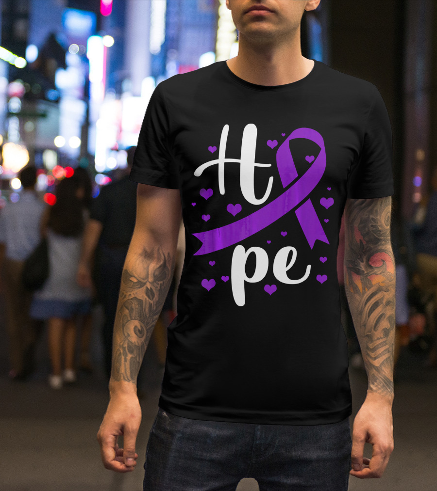 Hope Pancreatic Cancer Awareness Women Purple Ribbon Hearts T-Shirt