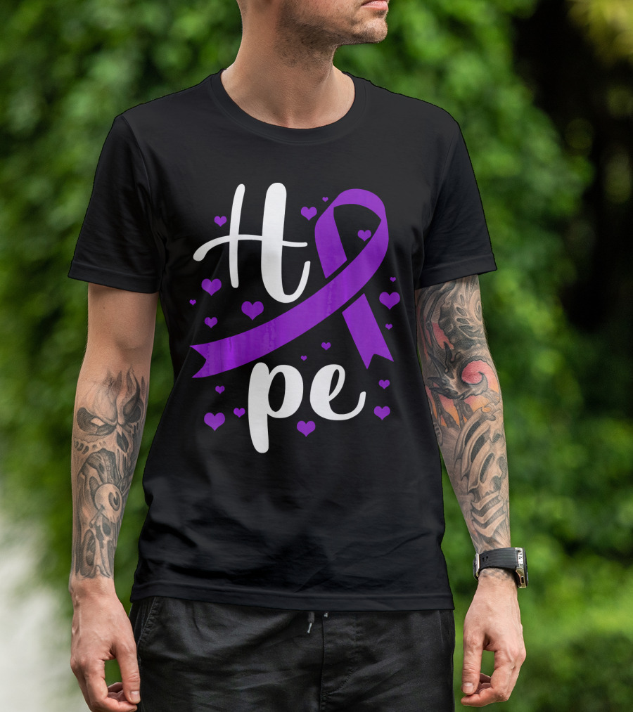 Hope Pancreatic Cancer Awareness Women Purple Ribbon Hearts T-Shirt