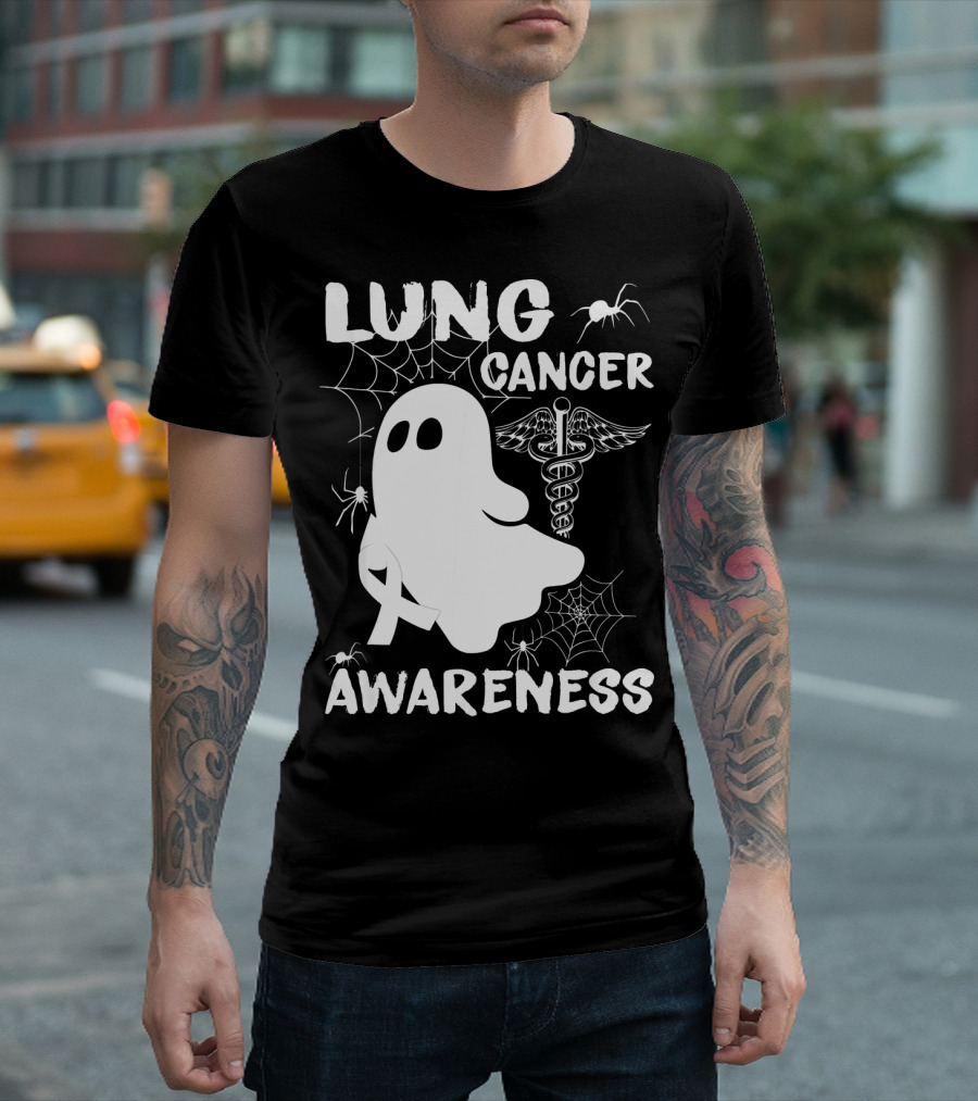 Lung Cancer Awareness Boo Ghost with Spider Webs and Spider T-Shirt