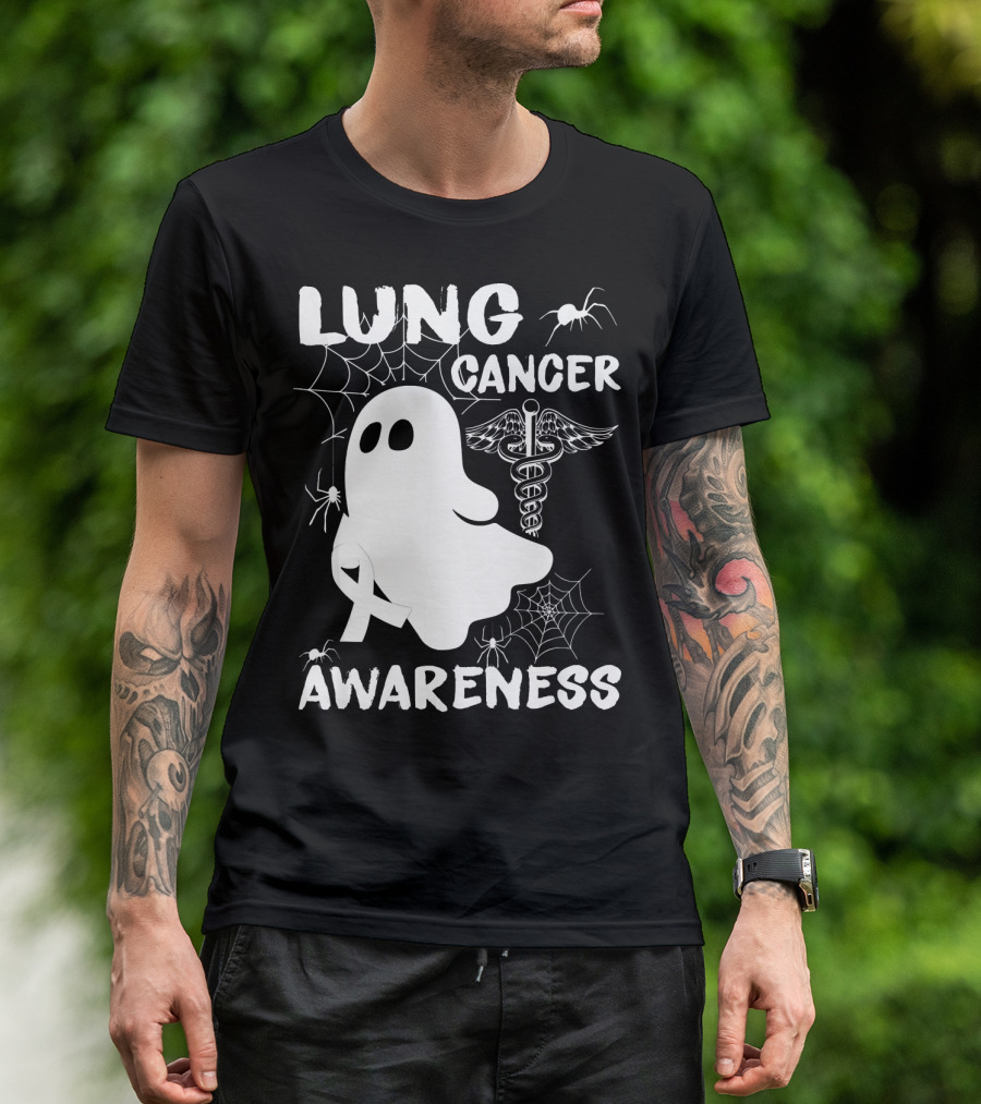 Lung Cancer Awareness Boo Ghost With Spider Webs And Spider T-Shirt