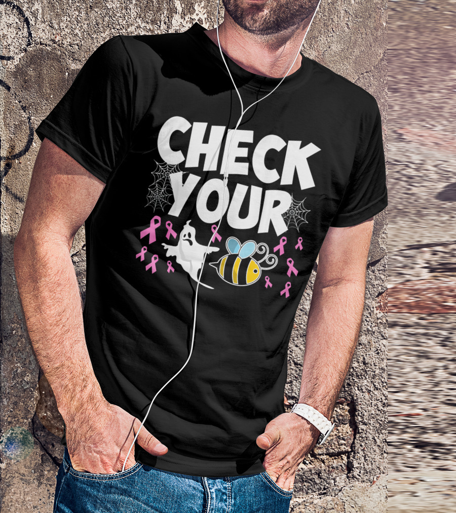 CHECK YOUR BOO BEES Breast Cancer Awareness Halloween Ghost And Bee With Ribbons T-Shirt