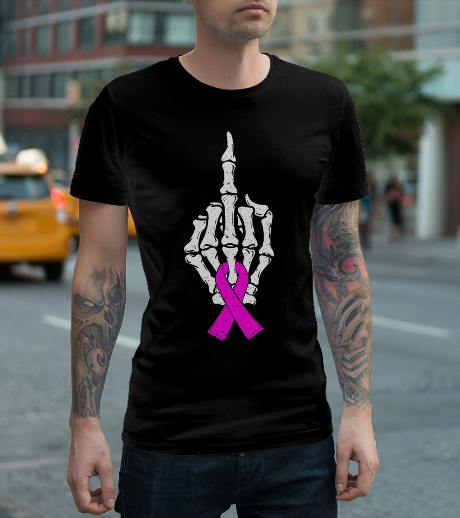 Breast Cancer Skeleton Middle Finger Pink Ribbon Awareness T-Shirt