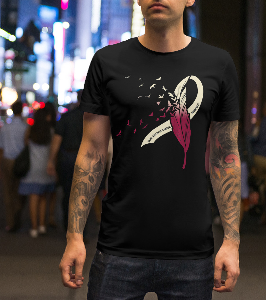 Head And Neck Cancer Awareness Feather Ribbon With Birds T-Shirt