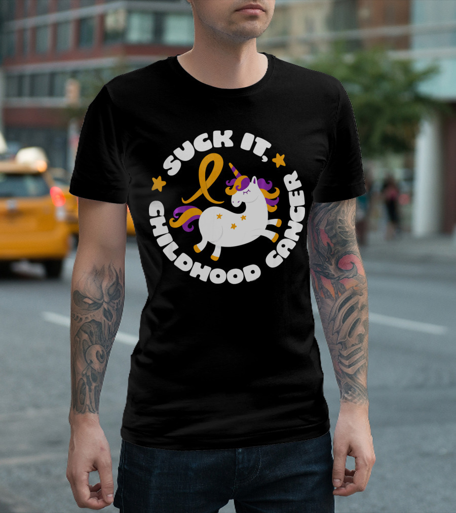 Suck It Childhood Cancer Unicorn Ribbon Fighter T-Shirt
