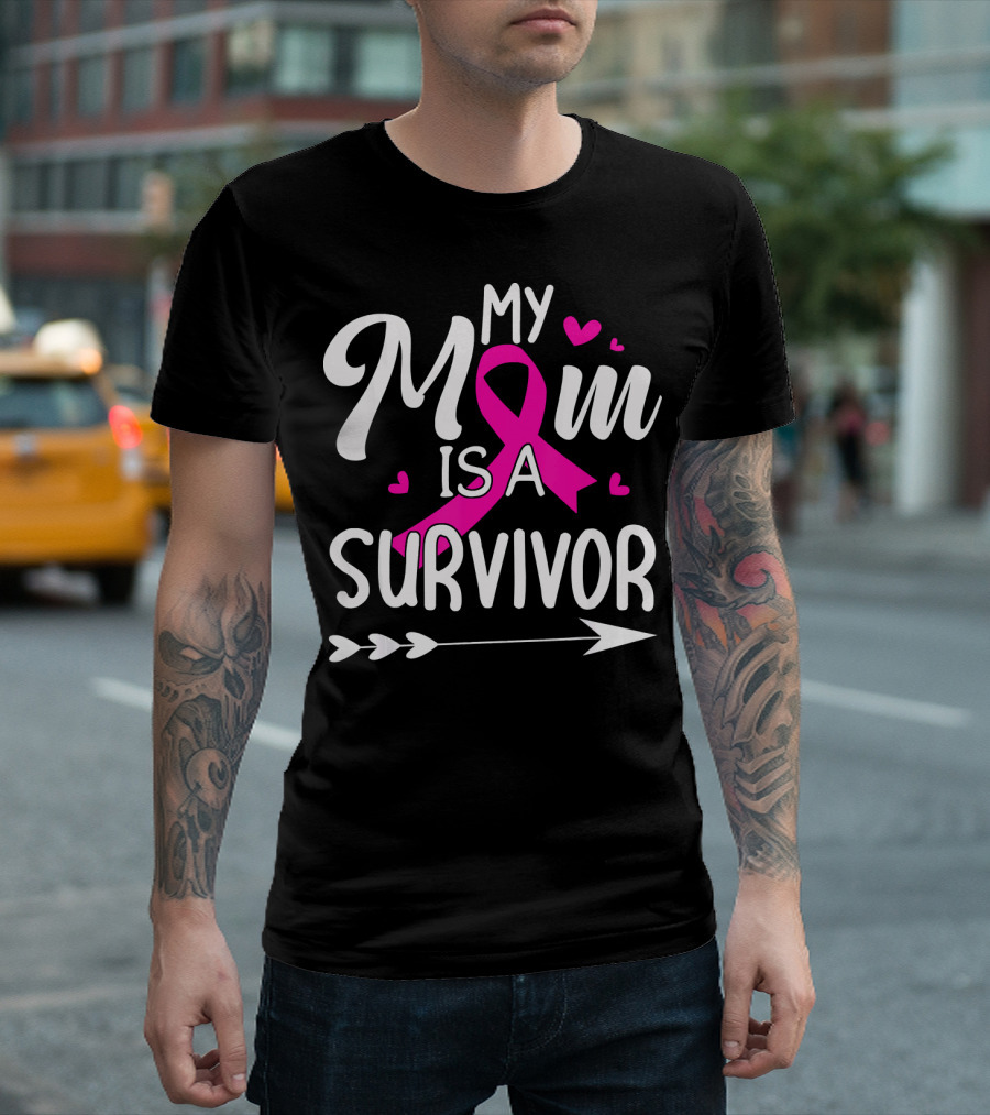 My Mom Is A Survivor Breast Cancer Awareness Pink Ribbon Hearts Arrow T-Shirt
