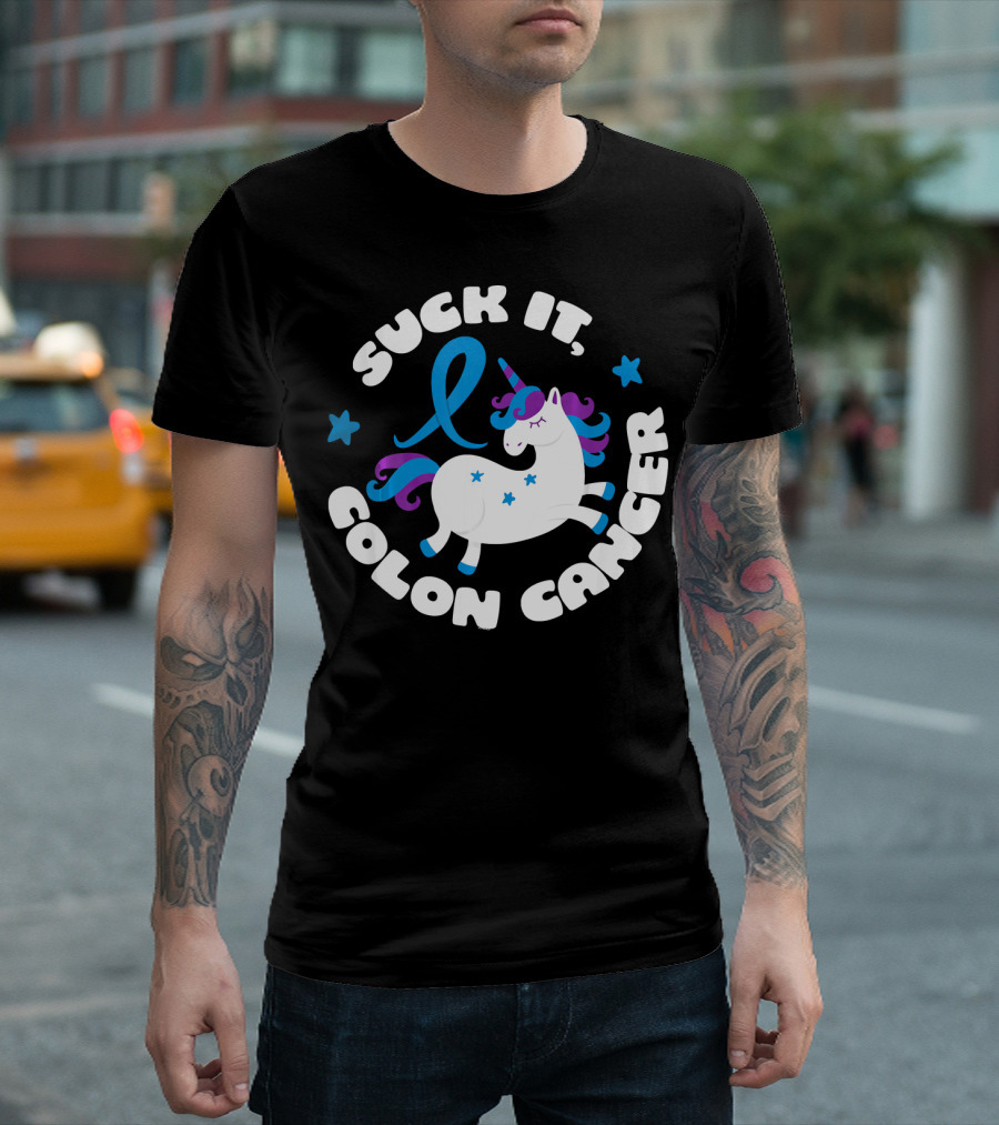Colon Cancer Awareness Unicorn Suck It Fun T-Shirt