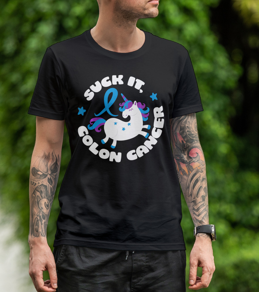 Colon Cancer Awareness Unicorn Suck It Fun T-Shirt
